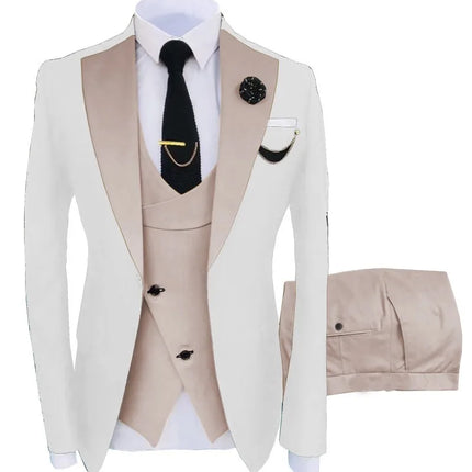 Men Three Piece Suit Sets Turn Down Collar Full Sleeve Blazers Vest Long Pants Slim Fit Ensemble Banquet Evening Splice Spring