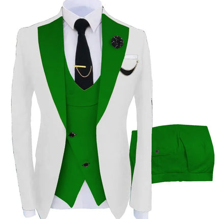 Men Three Piece Suit Sets Turn Down Collar Full Sleeve Blazers Vest Long Pants Slim Fit Ensemble Banquet Evening Splice Spring