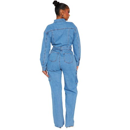Women's New Autumn and Winter Fashion Elastic Organ Bag Wash Denim Jumpsuit Stand Collar Long Sleeve Denim Bell Bottoms Overalls