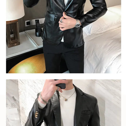 Men Casual Black White Suit Leather Jacket /Men Solid Color Business Suit Collar PU Blazers Dress Coat Fashion /New Men Clothing