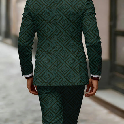 European American Style Men's Business Suit Set Two-Piece Suit Trousers Retro Green Color-Block Plaid Print