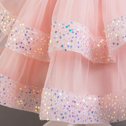 Girl's New Sequined Bow Irregular Collar Mesh Princess Dress Christmas Birthday Party Sweet and Cute Evening Dress