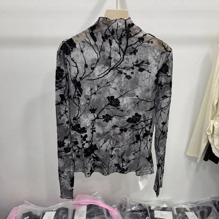 Women Autumn Spring Tops Layering Undershirts Long-Sleeve T-Shirts Printed Lace Mesh Versatile Fashionable Luxurious Designer