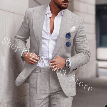 2023 White Linen Suits For Men Slim Fit Peak Lapel 2 Pieces Best Men Groom Wear Wedding Tuxedos Blazer+Pants Trajes De Hombre