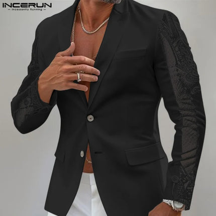 Fashion Casual Style Tops INCERUN New Mens Perspective Lace Splicing Design Suit Coats Male Solid Long Sleeved Blazer S-5XL 2025