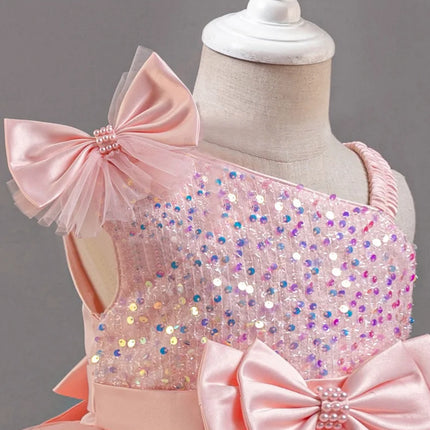 Girl's New Sequined Bow Irregular Collar Mesh Princess Dress Christmas Birthday Party Sweet and Cute Evening Dress