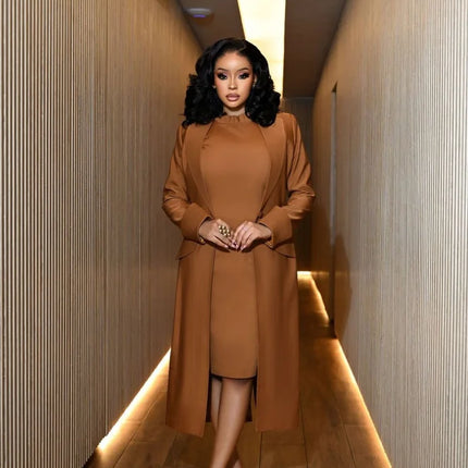 CM.YAYA Women's Set Full Sleeve Long Blazer Coat+ Long Dress Suit 2025 Winter Streetwear Two 2 Piece Set Africa OL Work Outfits