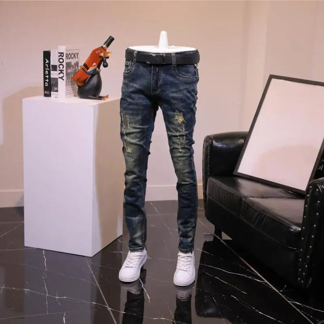 2025 Autumn and Winter Retro Jeans Men's Trendy Brand Slim-fitting Small Feet Elastic Youth Fashion Handsome Blue Long Pants