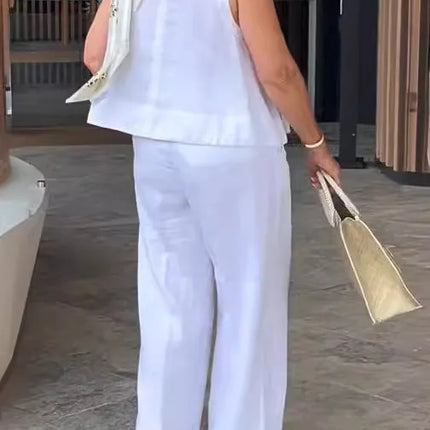 Simple Cotton Linen Women's Suits Summer Fashion Sleeveless Loose Blouse Wide Leg Pants Two Piece Set For Women Casual Outfits