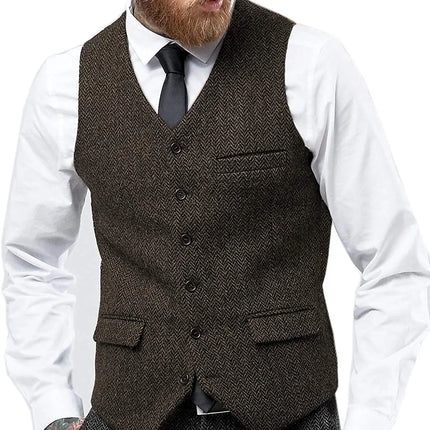Mens Suit Vest Retro Tweed Wool Regular Fit Waistcoat Herringbone for Jacket Men's Suits Vest