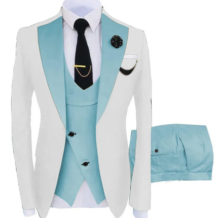 Men Three Piece Suit Sets Turn Down Collar Full Sleeve Blazers Vest Long Pants Slim Fit Ensemble Banquet Evening Splice Spring