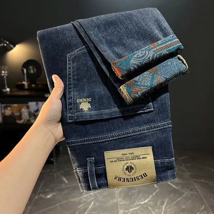 Trendy Embroidered Slim Fit Men's Jeans Spring Autumn New Style Zipper Long Casual Pants Youth Versatile Wear Resistant