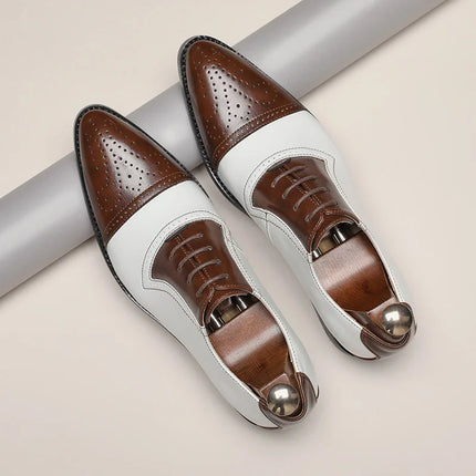 Luxury Classic Men Brogue Oxford Dress Shoes Genuine Cow Leather Black/white Brown Pointed Toe Lace-Up Wedding Party Formal Shoe