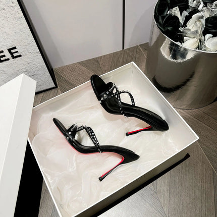 New white high-heeled cool mop with red sole, rivet cross strap, women's pointed toe party essential fashion women's shoes
