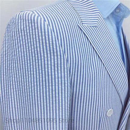 Casual Men's Seersucker Suit Streetwear Elegant Fashion Popular Men Clothes Uniform Blue Striped Well Fitting Formal Blazer Pant