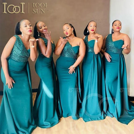 IOOISUN Customized Emerald Green Satin Bridesmaid Dress Beaded One Shoulder Wedding Party Gown Long Fomal Party Dresses
