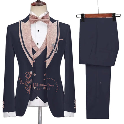 Stylish Men's Suit 3-piece Set Jacket Vest Pants White Slim Fit Pink Shinny Peak Lapel Blazer Wedding Prom Party Custom Tuxedo