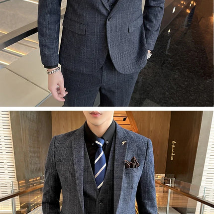 Checkered Suit (Blazer+Vest+Pants) Men's Fashion Hosting Work Business Wedding Casual Linen Art Style Elegant Gentleman's Suit