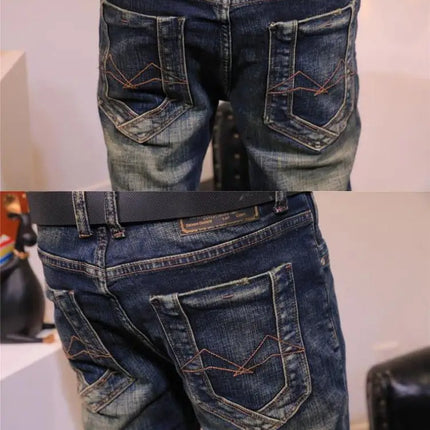 2025 Autumn and Winter Retro Jeans Men's Trendy Brand Slim-fitting Small Feet Elastic Youth Fashion Handsome Blue Long Pants