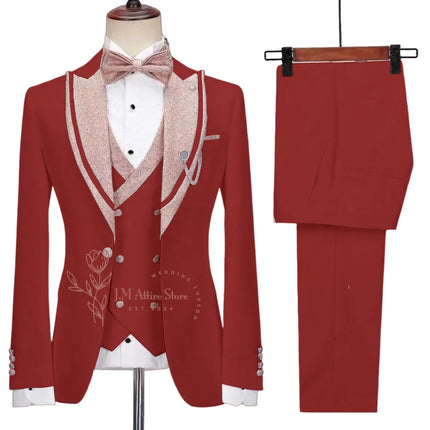 Stylish Men's Suit 3-piece Set Jacket Vest Pants White Slim Fit Pink Shinny Peak Lapel Blazer Wedding Prom Party Custom Tuxedo