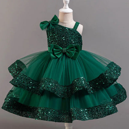 Girl's New Sequined Bow Irregular Collar Mesh Princess Dress Christmas Birthday Party Sweet and Cute Evening Dress