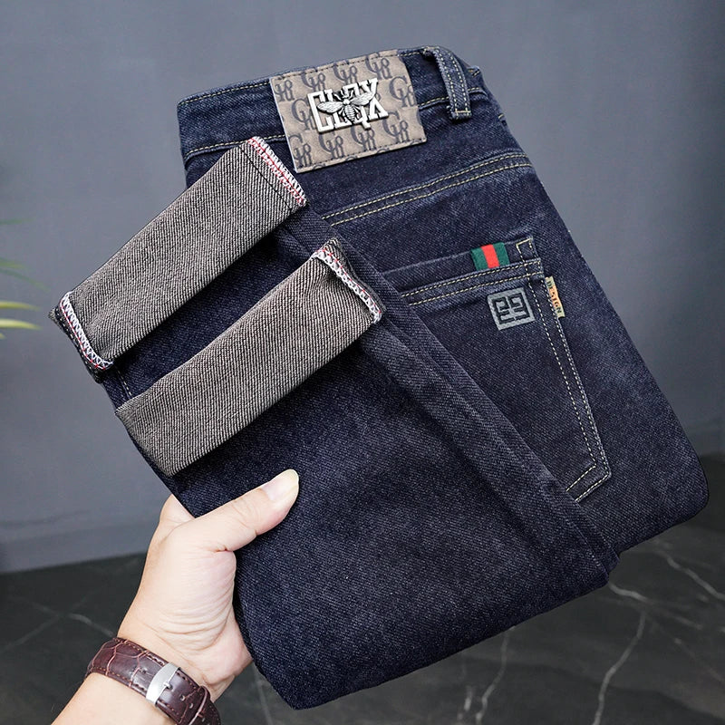 Male Denim Straight High Street Trousers Casual Men Fashion Elastic Waist Vintage Pant Spring Ripped Soft Stretch Slim Fit Jeans