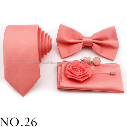 Hot Sale Purple Pink Sage Green Tie Set Polyester Necktie Bowtie Cufflink Brooch For Groom Suit Wedding Cravat Shirt Accessory