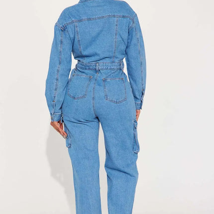 Women's New Autumn and Winter Fashion Elastic Organ Bag Wash Denim Jumpsuit Stand Collar Long Sleeve Denim Bell Bottoms Overalls