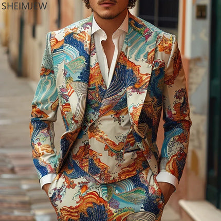 Men Personalized Casual Suit Water Pattern Jacquard Suit Jacket & Pant Fashion Printing Emcee Banquet Sets Business Casual Suits