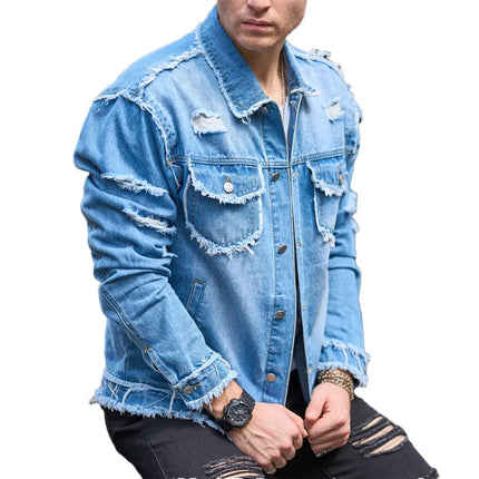 Street Stylish Holes Design Slim Men Denim Jacket Coat High Quality Male Distressed Casual Denim Jacket