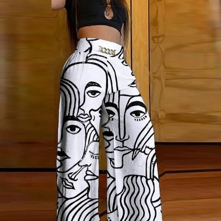 Women's High Waist Wide Leg Pants, Elegant Chain Decor, Black Trousers, Casual Clothes, White, Summer