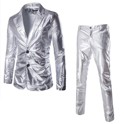 Men's Suit Slim Fit 2 Piece Sets Solid Shiny Party Gold Silver Suits for Men Wedding Prom Blazer Jacket and Pants Stage Costume