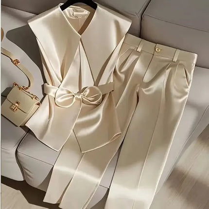 Fashion Satin Celebrity Outfits Elegant OL Peter Pan Collar Bow Sleeveless Vest + High Waist Wide Leg Pants Two Piece Set