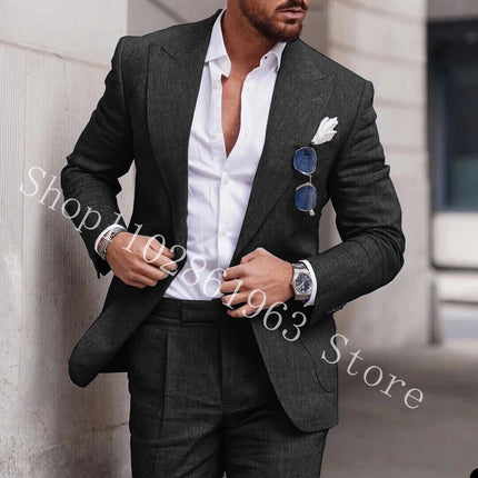 2023 White Linen Suits For Men Slim Fit Peak Lapel 2 Pieces Best Men Groom Wear Wedding Tuxedos Blazer+Pants Trajes De Hombre