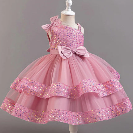 Girl's New Sequined Bow Irregular Collar Mesh Princess Dress Christmas Birthday Party Sweet and Cute Evening Dress