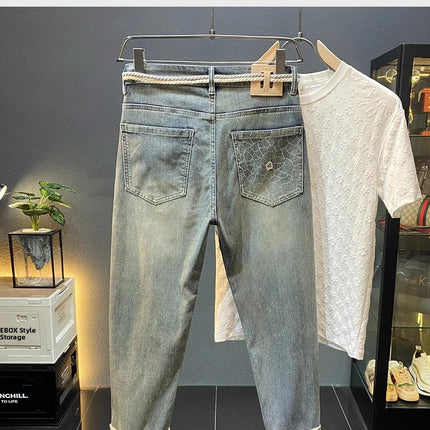 High-End Men's Slim Straight Leg Jeans Casual Print Comfortable Long Trousers Fashionable Trendy Youth Popular Autumn New Arr...
