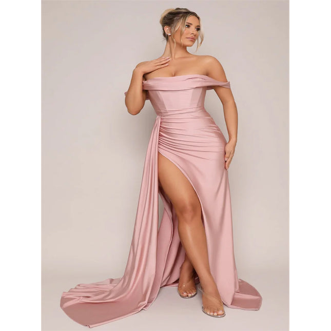 Hot Selling Off Shoulder Neckline Sleeveless Sheath Satin Evening Dress Open Back Zipper Floor Length Sweep Train Gown For Women
