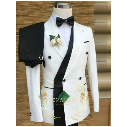 Double Breasted White Black Wedding Suits for Men Fashion Slim Fit Groom Best Man Wedding Tuxedo Formal Prom Wear 2 Pieces Set