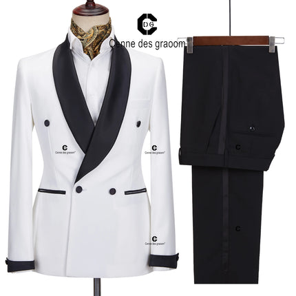 Cenne Des Graoom Men's Suit For Wedding Grooms White Tuxedo Black Shawl Lapel With 4 Button Front Fastening Slim Fit Party Prom