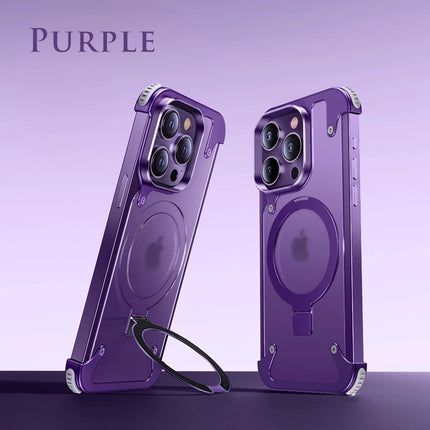 Aluminum Alloy Magnetic Stand Rimless Phone Case For iPhone 13 14 15 16 Pro Max Plus Metal Lens Shell  Frosted Matte Back Cover