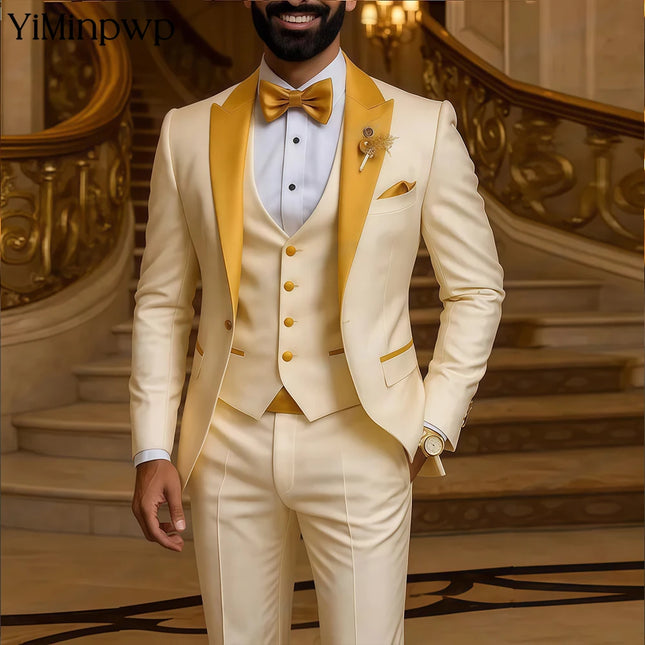 Men's Suits 3 PCS Peaked Lapel One Single Button Italian Champagne Wedding Suit Man Suit Tuxedo Prom Slim Fit Blazer Customized