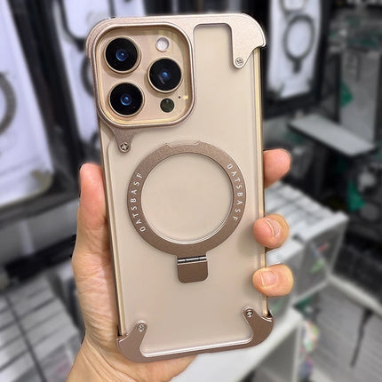 Aluminum Alloy Magnetic Stand Rimless Phone Case For iPhone 13 14 15 16 Pro Max Plus Metal Lens Shell  Frosted Matte Back Cover