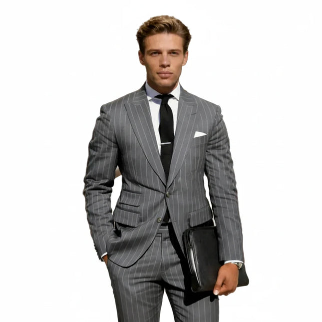 Classic Suit Men 2 Pieces Vertical Striped Jacket Pants Customized Man Formal Wear Business Banquet Attire Trajes Para Hombre