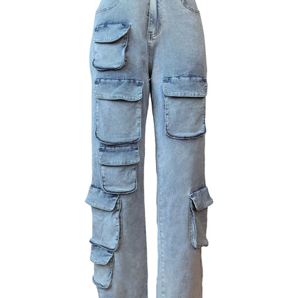 Multi Pockets Jeans Cargo Pants Sexy Women High Waist Elegant Streetwear Denim Casual Straight Trousers