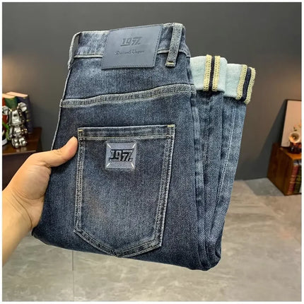 Summer Men's Slim Fit Jeans Thin Trendy Loose Straight Leg Elastic Nine Point Pants Versatile Casual Straight Cut Jeans