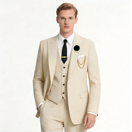 Men's 3-Piece Suit with Black Lapel US Size Formal Tuxedo for Groom Business And Wedding - Jacket Vest And Pants Ensemble