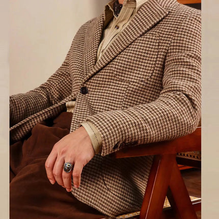 Men's Retro Suit Jacket English Style Casual Men's Large Size Jacket British Gentleman Wool Suit Trendy Tweed Houndstooth Suits