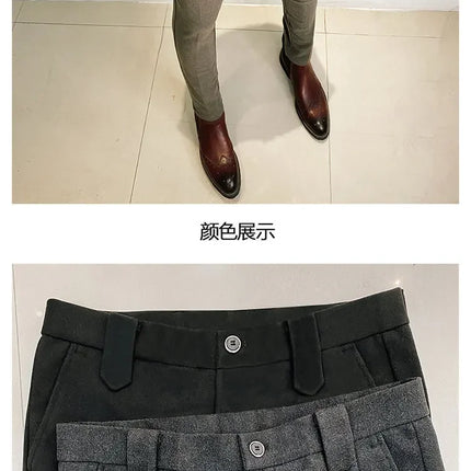 Autumn Winter Thickened Suit Pants Men Casual Slim Fit Straight Trousers Formal Business Woolen Cloth Social Office Dress Pants