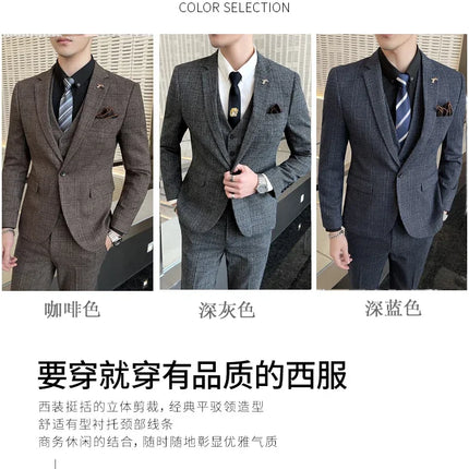 Checkered Suit (Blazer+Vest+Pants) Men's Fashion Hosting Work Business Wedding Casual Linen Art Style Elegant Gentleman's Suit