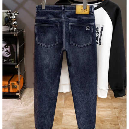 Spring Edition Men's Jeans mid Waist Straight Leg Faion Urban Sle Elastic Waist Micro Stretch Snowflake Waed
